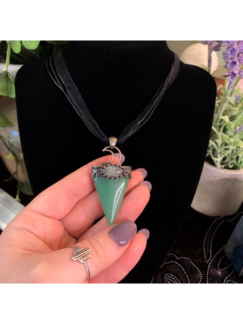 Green Aventurine Stone Pendant Necklace with Crescent Accent